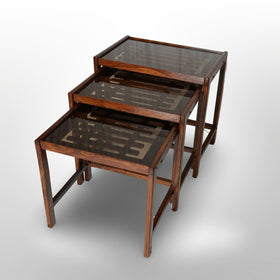 Dark Wood Nesting Tables – Set of 3 Space-Saving Stacking Tables with Glass Top